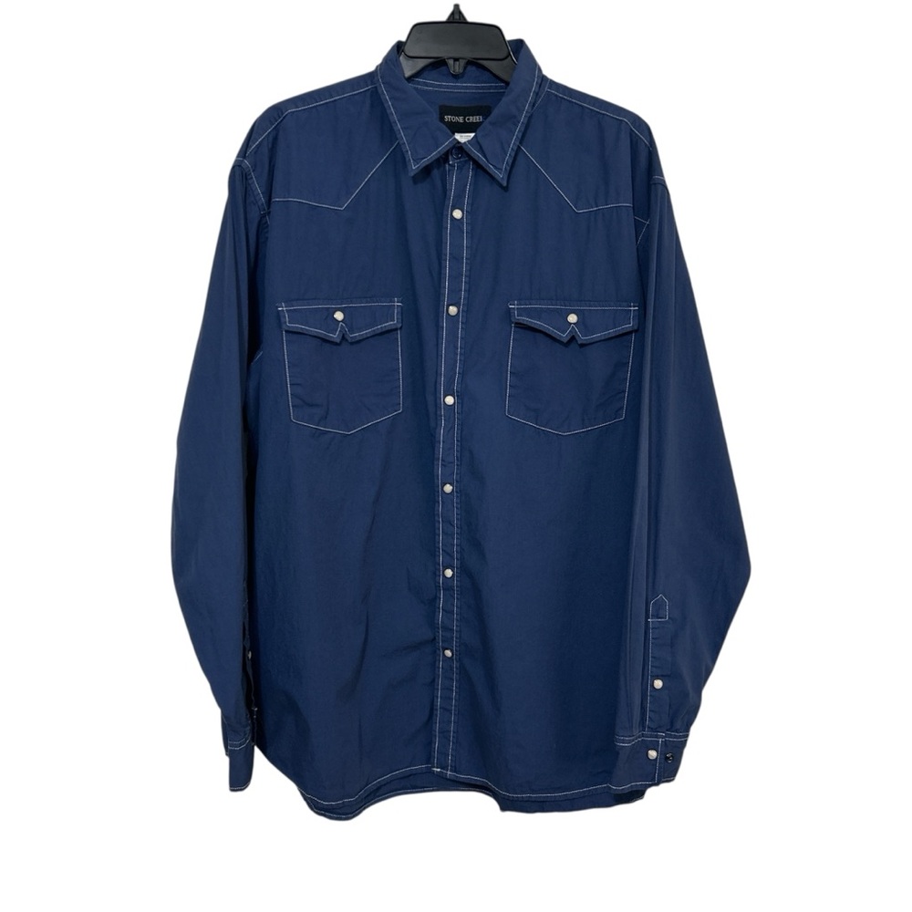 Stone Creek Blue Long Sleeve Western Pearl Snap Button Up Shirt Cotton Size XL